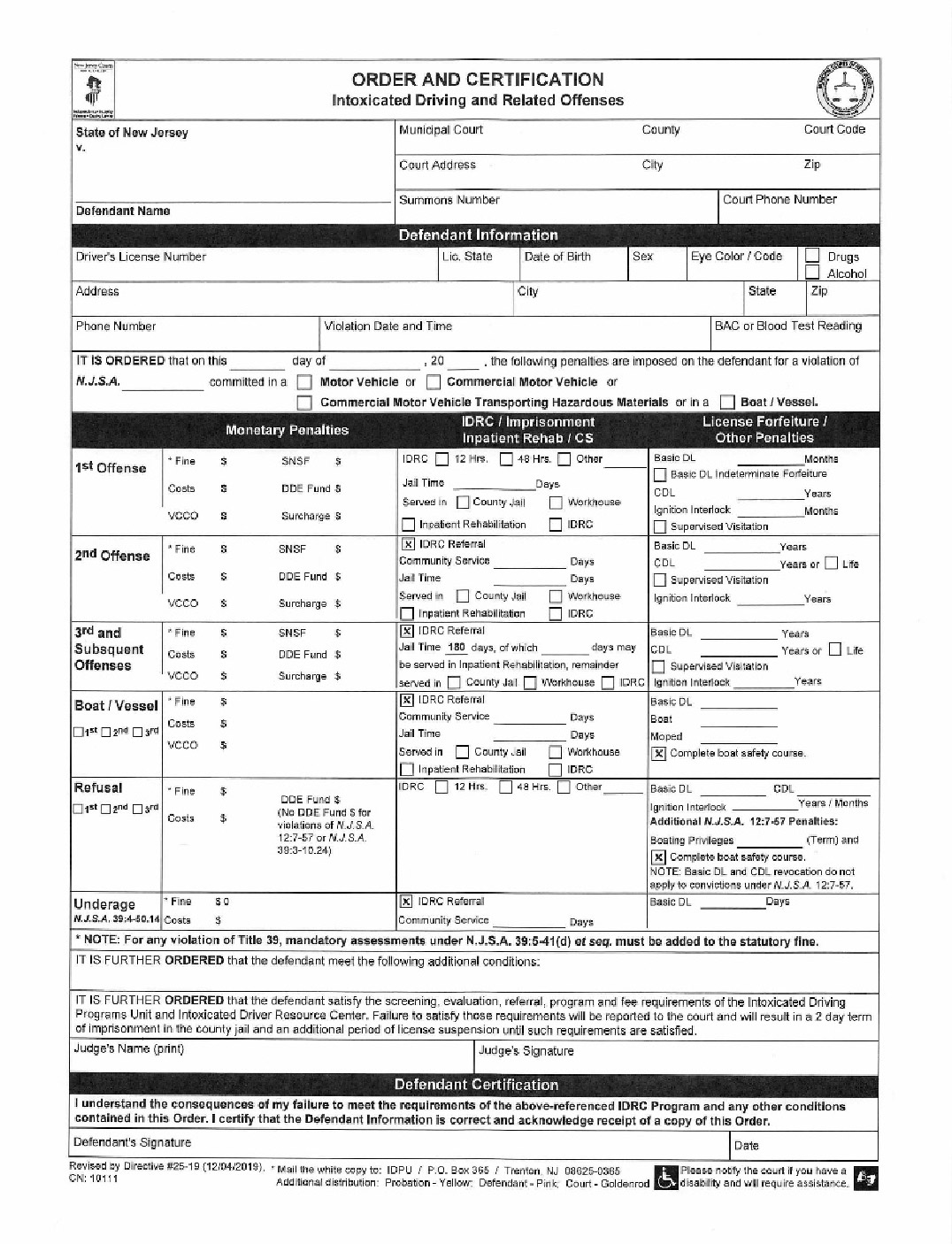 Order and Certification – Intoxicated Driving and Related Offenses Form